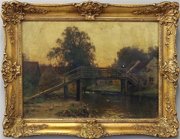 Abendstimmung Im Spreewald Mit Blick Auf Lubben (?) An Kanallauf Mit Brucke by Walter Moras