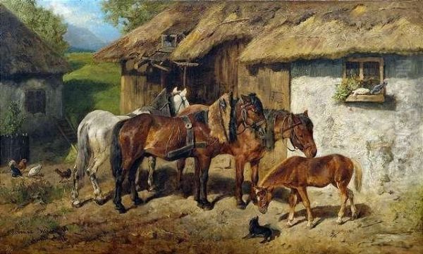 Harnessed Horses At A Stable Oil Painting by Hermine Biedermann-Arendts