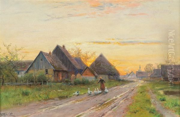 Gansehirtin Auf Der Dorfstrase Oil Painting by Walter Moras