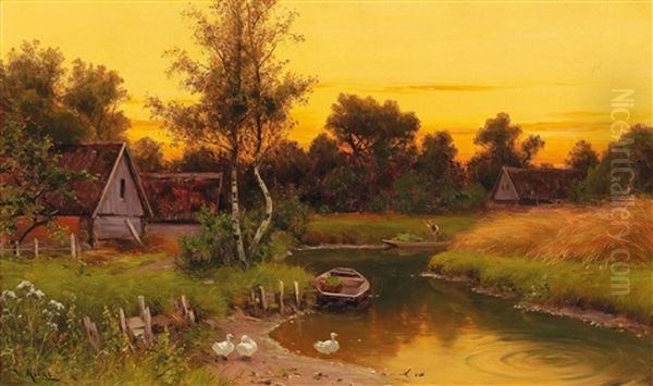 Idyllic Evening Scene On The Spree Oil Painting by Walter Moras