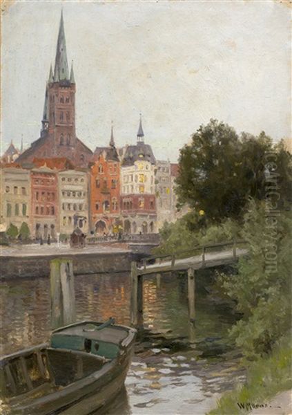 Blick Uber Die Trave Auf St. Petri In Lubeck Oil Painting by Walter Moras