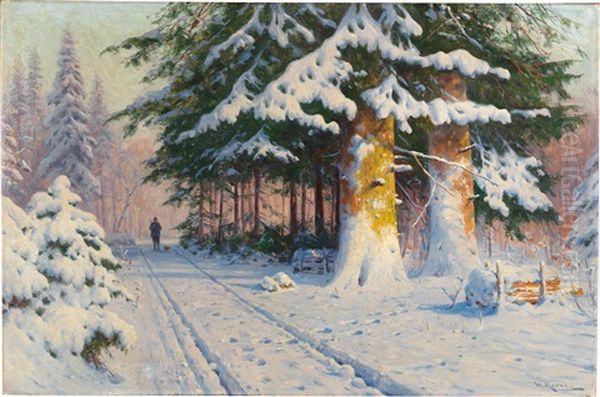 Hunter Returning Home In A Winter Woodland by Walter Moras