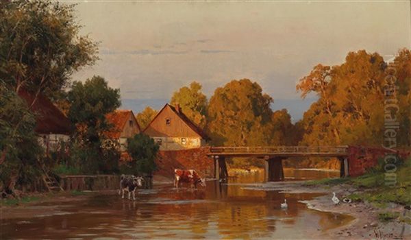 River With Animals In The Afternoon Sun Oil Painting by Walter Moras