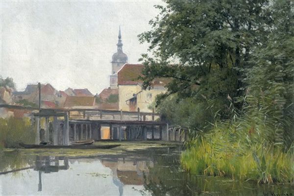 Lubben: Partie Im Schlossbezirk Mit Blick Uber Die Spree Auf Die Paul-gerhard-kirche Oil Painting by Walter Moras