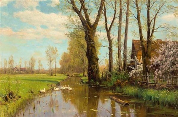 Prachtvolle Fruhlingslandschaft Mit Bluhenden Buschen, Verstecktem Gehoft Und Enten Im Bach Oil Painting by Walter Moras