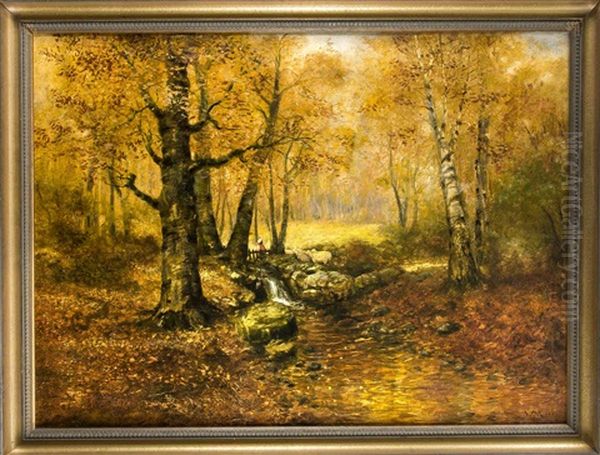 Herbstliches Waldstuck Mit Bachlauf Und Staffagefigu Oil Painting by Walter Moras