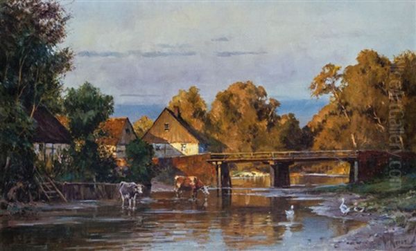 Stimmungsvolle Herbstlandschaft Mit Bauernhausern Am Flus Oil Painting by Walter Moras