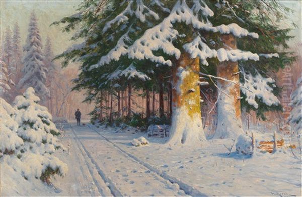 Hunter Returning Home In A Winter Woodland Oil Painting by Walter Moras