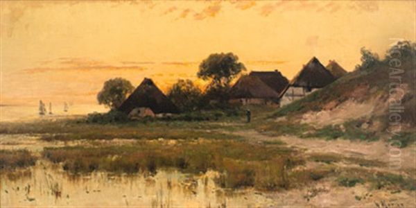 Gehoft Am Bodden Im Sonnenuntergang Oil Painting by Walter Moras