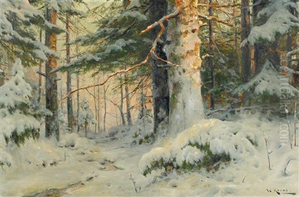 Abendlicht In Tief Verschneitem Wald Oil Painting by Walter Moras