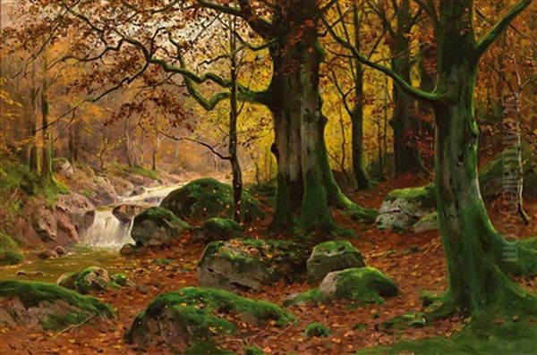 Herbstliche Waldlandschaft Mit Sprudelndem Bachlein Oil Painting by Walter Moras