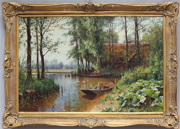 Spreewald Mit Bauernhaus An Kanal Mit Boot Oil Painting by Walter Moras