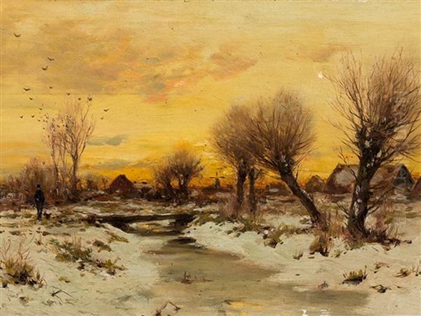 Wintry Village Landscape Oil Painting by Walter Moras