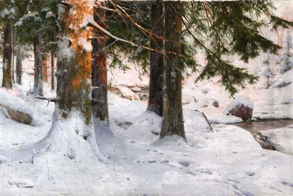 A Snowy Wooded Landscape Oil Painting by Walter Moras