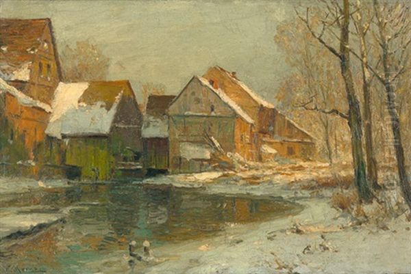 Winterlich Eingeschneite Bauernhauser Oil Painting by Walter Moras