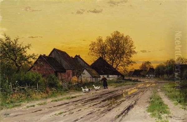 Bauerin Mit Drei Gansen Im Abendlicht Auf Der Dorfstrase Oil Painting by Walter Moras