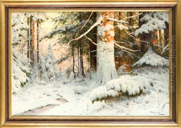 Stimmungsvolles, Verschneites Waldstuck Im Abendlicht Mit Bachlauf Oil Painting by Walter Moras