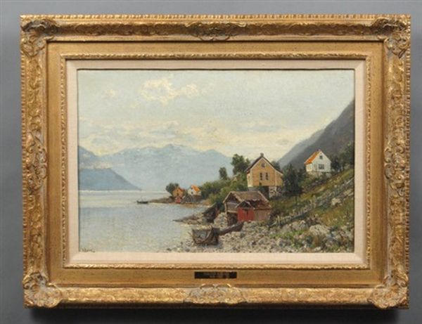 Lake And Mountains Landscape With Watermill Houses Oil Painting by Walter Moras