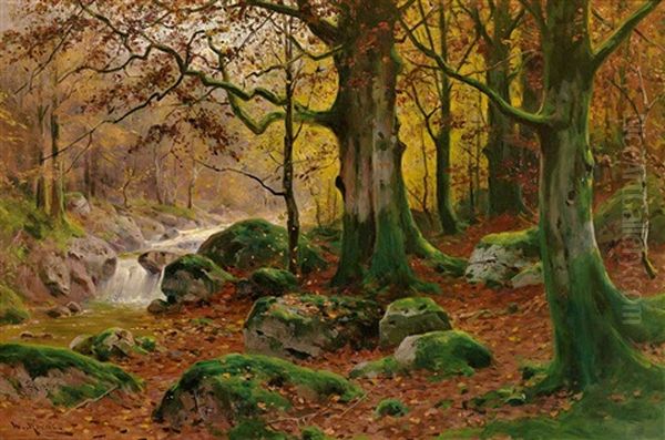 Herbstliche Waldlandschaft Mit Sprudelndem Bachlein Oil Painting by Walter Moras