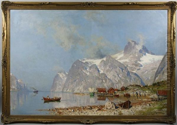 Village Near Fjord Oil Painting by Walter Moras