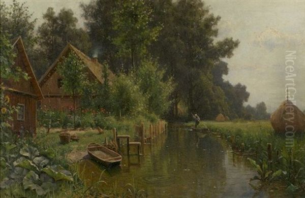 River Landscape With Cottage Oil Painting by Walter Moras