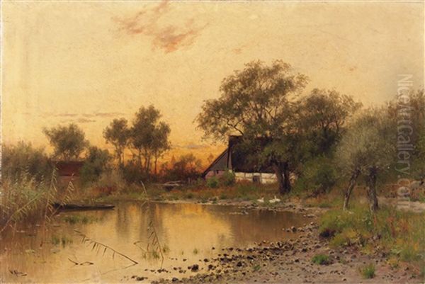 Bauernkaten Am Wasser. Abendstimmung Oil Painting by Walter Moras