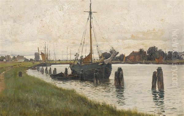 Flussufer Mit Segelschiff In Norddeutschland Oil Painting by Walter Moras