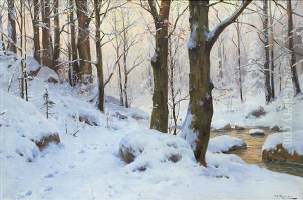 Creek In A Forest In Winter Oil Painting by Walter Moras