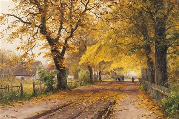 Herbstliche Dorfstrase Mit Pferdefuhrwerk Oil Painting by Walter Moras