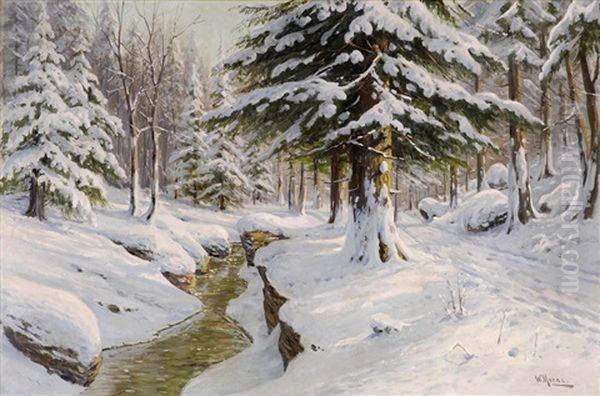 Winterwald Mit Bachlauf Oil Painting by Walter Moras