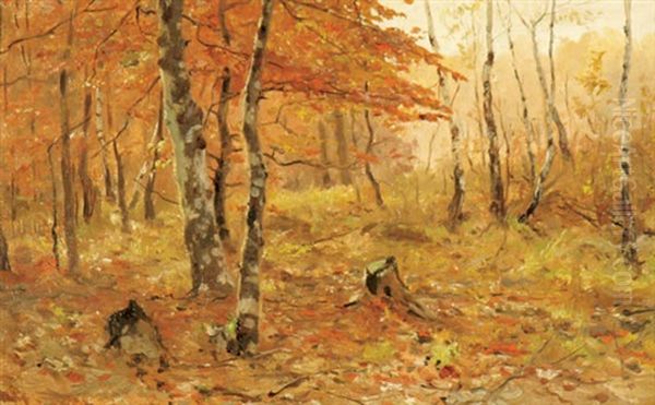 Forest Interior In Autumn Oil Painting by Walter Moras