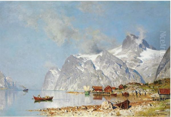 A Village Near A Fjord Oil Painting by Walter Moras