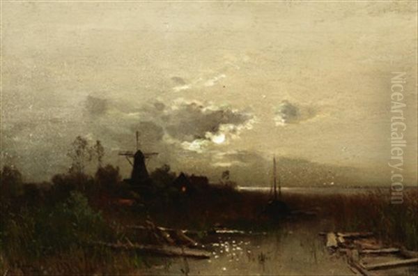 Abendfrieden. Auenlandschaft Mit Windmuhle Im Mondschein by Walter Moras