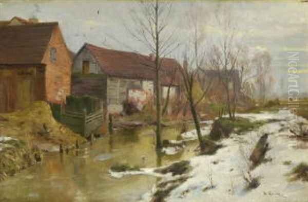 Bauernhauser Am Fluss Bei Schneeschmelze Oil Painting by Walter Moras