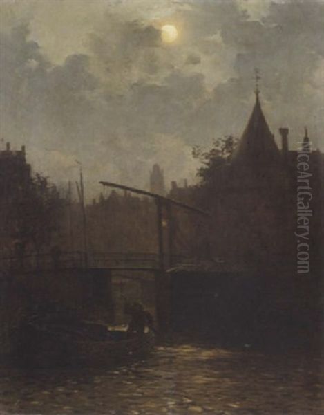 Hollandisches Stadchen Im Mondlicht Oil Painting by Walter Moras