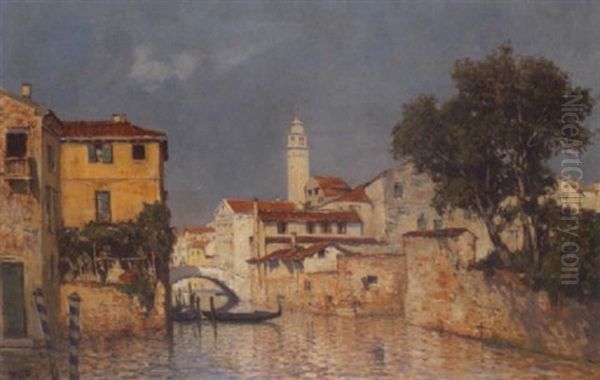 A View Of A Venetian Canal With A Gondola In The Foreground Oil Painting by Walter Moras