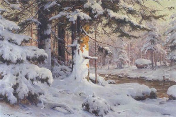 Verschneiter Tannenwald Oil Painting by Walter Moras