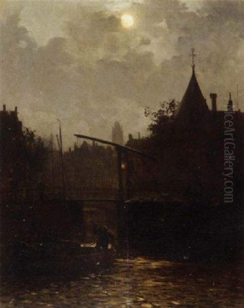 Amsterdam By Night, With The Schreierstoren In The Foreground Oil Painting by Walter Moras