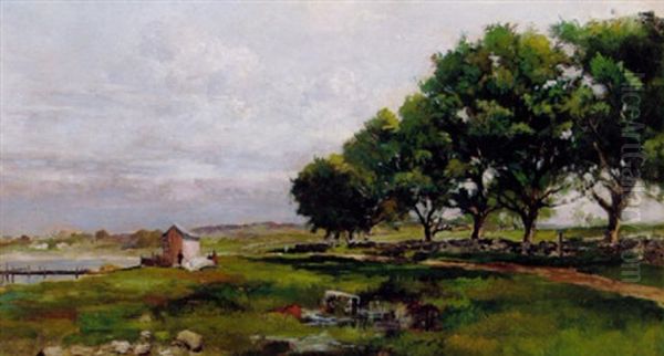 Flodlandskab Med Store Traeer Ved Et Stengaerde Oil Painting by Walter Moras