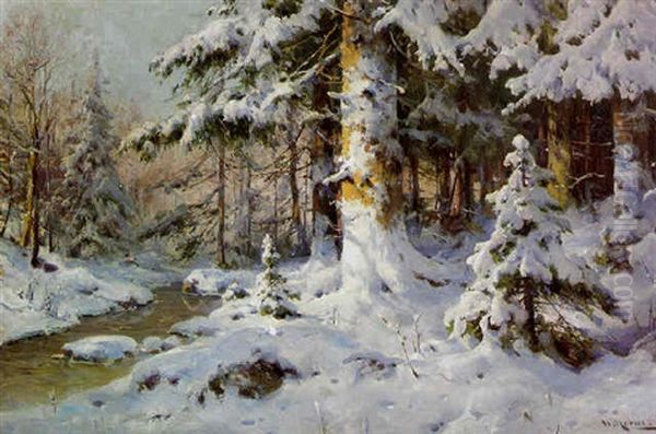 Verschneiter Markischer Tannenwald Im Sonnenschein Oil Painting by Walter Moras