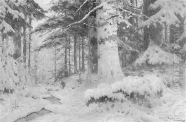 Schneebeladener Tannenwald, Von Der Letzten Abendsonne Gestreift Oil Painting by Walter Moras