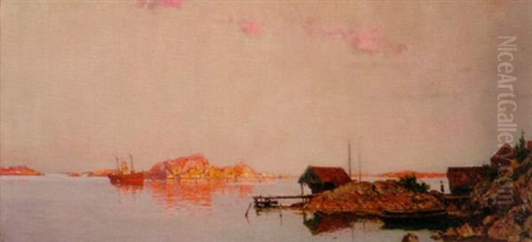 A Boat Returning To Port Under The Setting Sun Oil Painting by Walter Moras