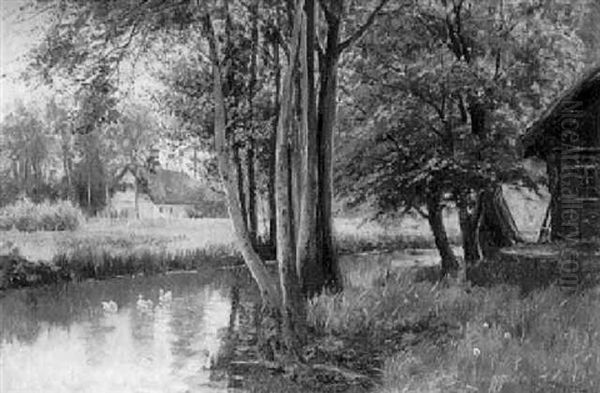 Markische Fluslandschaft Mit Strohgedeckten Bauernkaten Oil Painting by Walter Moras