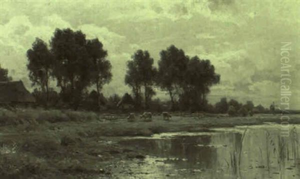 Kuhe Am Weiher In Norddeutscher Landschaft Oil Painting by Walter Moras