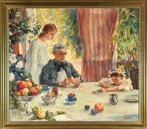 Familienszene Am Tisch Beim Kartenlegen Oil Painting by Alexandre Victor Moravov