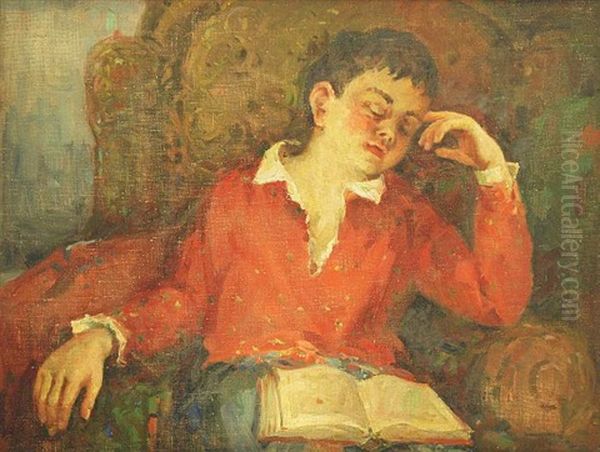 Schlafender Junge Im Sessel, Ein Aufgeschlagenes Buch Im Schos Liegend Oil Painting by Alexandre Victor Moravov