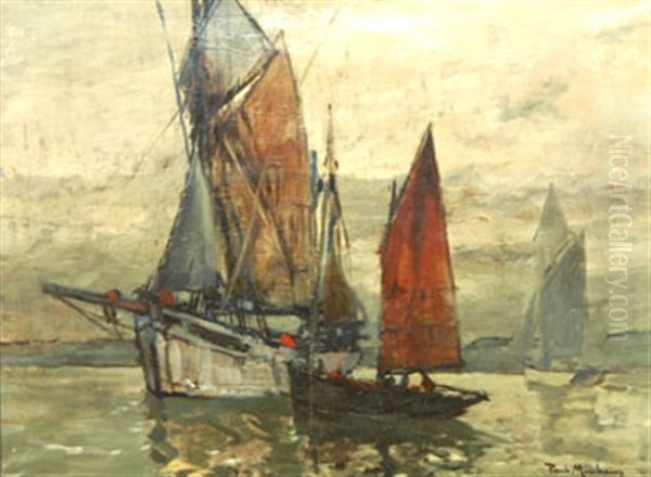 Thoniers Sous Voiles En Baie De Douarnenez Oil Painting by Paul Bernard Morchain