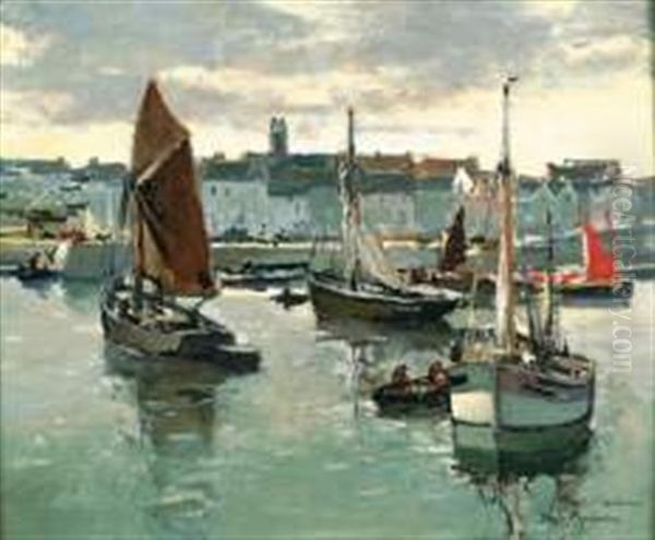 Douarnenez, Le Port Au Soleil Couchant Oil Painting by Paul Bernard Morchain