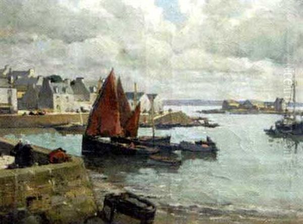 La Voile Rouge Au Port De Treboul Oil Painting by Paul Bernard Morchain