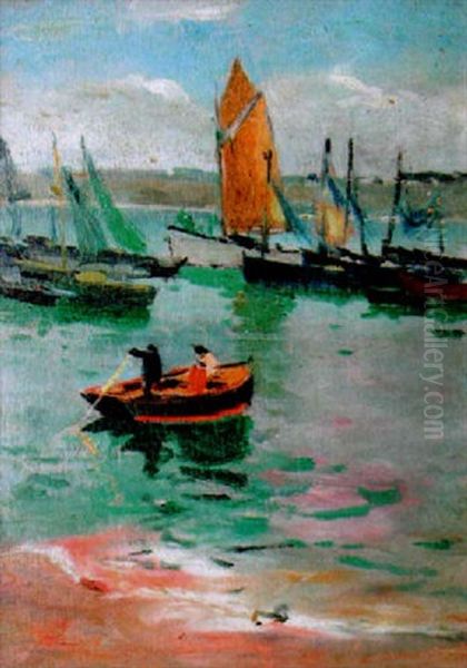 Voiliers Au Mouillage Et Barque A La Godille Oil Painting by Paul Bernard Morchain